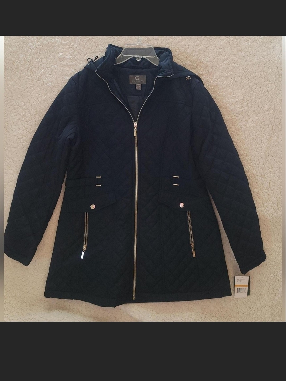 Gallery New York Black Quilted Hooded Jacket Gold Hardware NWT Size Medium